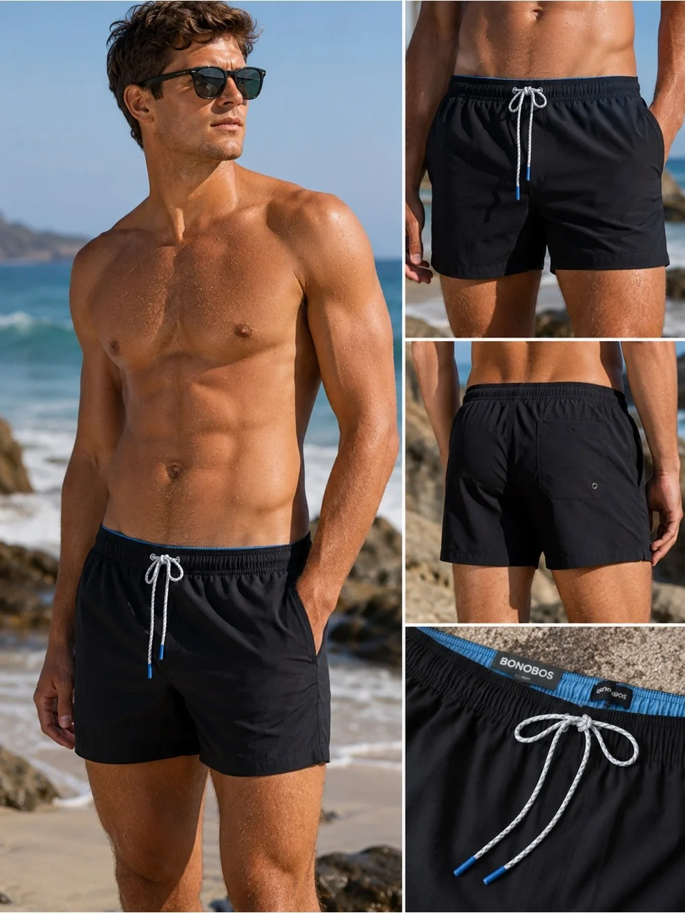 New NWT Bonobos Black Swim Trunks with Blue Waistband Accent